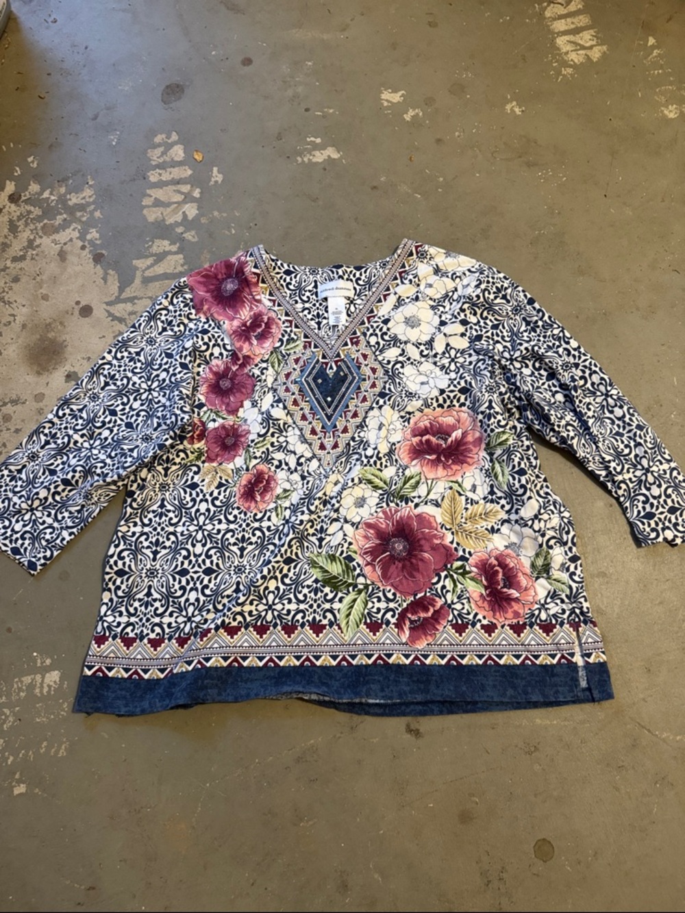 Alfred Dunner Blue and White Floral V-Neck Blouse
